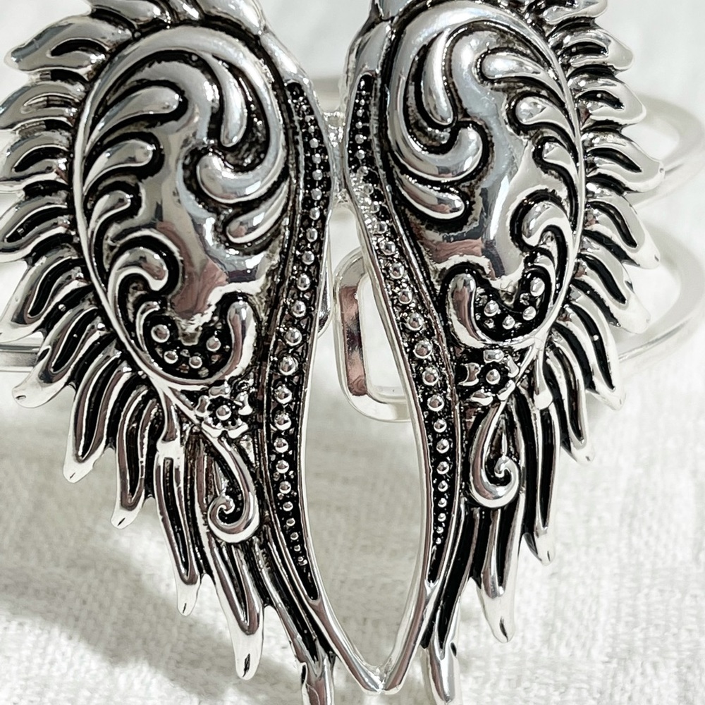 Angel Wings Hinged Bangle Bracelet Silver Tone - Picture 5 of 6